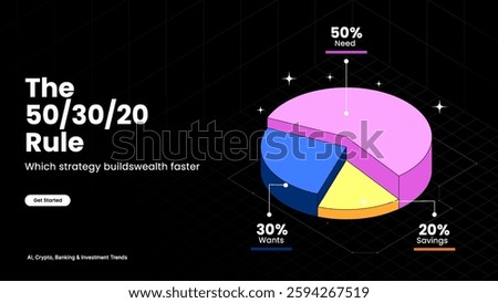 The 50-30-20 Rule Smart Budgeting Explained with Money Allocation, Pie Chart, and Expense Categories | Personal Finance Vector Design