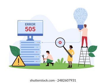 505 error, HTTP Version not supported. Tiny people find connection error between server and dark light bulb with magnifying glass, repair and upgrade protocol code cartoon vector illustration