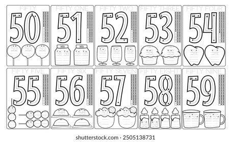 50-59 Learning for kids Tracing Numbers Worksheet Black and white illustration