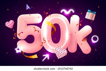 50k or 50000 followers thank you Pink heart, golden confetti and neon signs. Social Network friends, followers, Web user Thank you celebrate of subscribers or followers and likes. Vector illustration