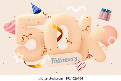 50k or 50000 followers thank you Pink heart, golden confetti and neon signs. Social Network friends, followers, Web user Thank you celebrate of subscribers or followers and likes. Vector illustration