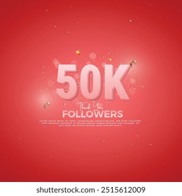 50K Follower celebration, 50K Pink Number on Red background with sparkling confetti, Thank you followers, 50k online social festive banner, 51k
