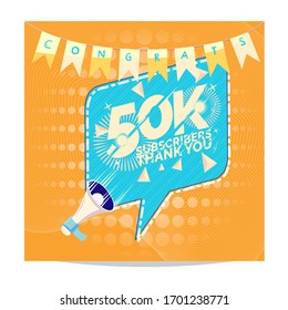 50k followers banner. Congratulations thank you with megaphone 50k subscribers design template on designer background. Bunting flag. Vector illustration.