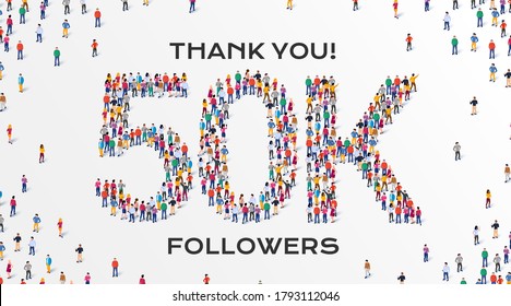 50K Followers. Group of business people are gathered together in the shape of 50000 word, for web page, banner, presentation, social media, Crowd of little people. Teamwork. Vector illustration