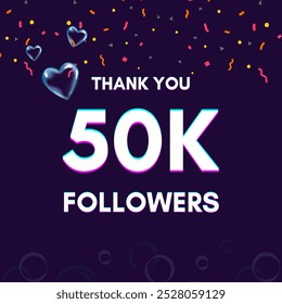 Plantilla de texto "50k followers" para dar las gracias después de lograr el hito en los sitios de redes sociales.
