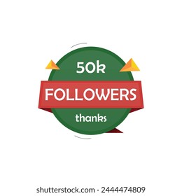 50k followers thank you label badge vector editing. 1k followers label isolated on white background. Editable EPS file in green and red colors theme.