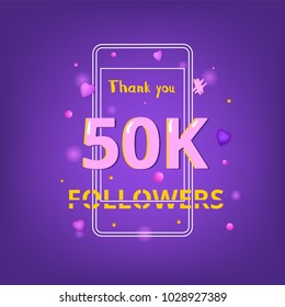 50K Followers thank you phrase. Template for social media post. Glitch chromatic aberration style. Ultra violet palette colors. 50000 subscribers banner. Vector illustration.