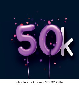 50k sign violet balloons with threads on black background with lights confetti. Vector festive illustration.