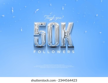 50k thank you followers with bright blue numbers and with a cool theme. Premium vector background for achievement celebration design.