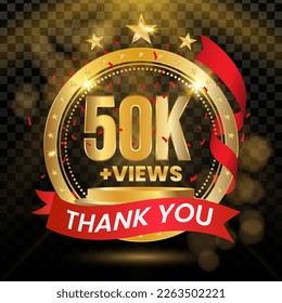 50K+ Views Logotype with Gold and red Confetti Isolated on Black Background(PNG), Vector design for video display celebration.