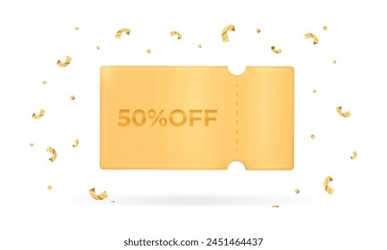 50%off Coupon ticket mockup.Golden discount ticket,special offer promotion isolated card on transparent background.Online payment, Business and finance concept. Vector illustration EPS 10