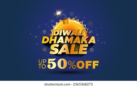 Up to 50%off, Diwali dhamaka sale, offer logo and background design. 3d vector illustration of indian festival sale and advertising concept.