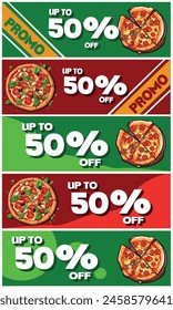 50OFF, Packung mit 5 Rabatt-Coupons für den Kauf von Pizzen, Farben grün und rot. 50 Prozent Rabatt