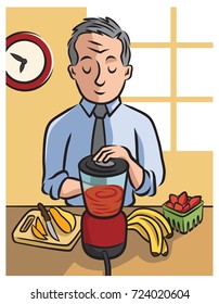 50-plus mature man makes his morning smoothie.