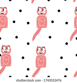 50s Cat Clock Vintage Pink Polka Dot Phone Seamless Repeat Pattern