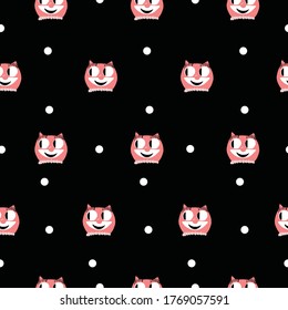 50s Cat Clock Vintage Pink And Black Seamless Repeat Pattern With Polka Dots