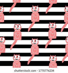 50s Cat Clock Vintage Pink And Black Seamless Repeat Pattern With Stripes.