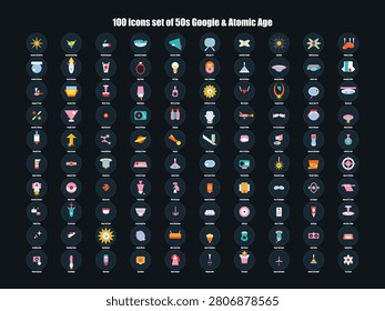 50s Googie Atomic Age Icons Set 100 Flat Vector Mid Century Retro Web UI App Element Design