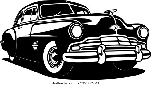 Icono de coche retro de los años 50 en negro sobre blanco