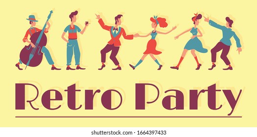 50s retro show banner flat vector template. Vintage party horizontal poster word concepts. Rockabilly style cartoon illustrations with typography. Jive and rock n roll dancers on yellow background