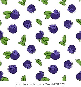 50s retro style seamless pattern with blueberry and leaf on transparent background. Repeating print for food packaging.