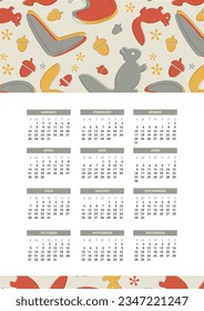 50's retro styled 2024 calendar. Week starts on Sunday. Vector design template, ready to print.