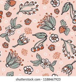50s Style Daisy Fruit Vector Pattern Hand Drawn Seamless Vintage Flower Illustration for Summer Fashion Print, Trendy Wallpaper, Floral Stationery, Cute Decor, Retro Kitchen Tile Background Red Pink