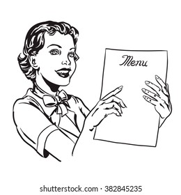 50's style waitress & Menu line art. The woman points to something on a menu & smiles