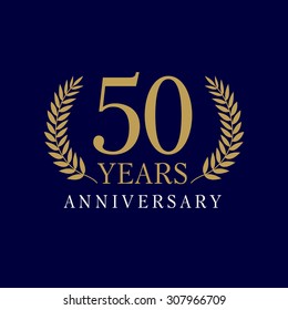 50s years old luxurious logo. Anniversary year of 50 th vector gold colored template framed of palms. Greetings ages celebrates. Celebrating laurel branches. 5 th place symbol of victory and success.