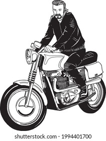 50's60's Biker without a helmet on a Classic British or European motorcycle. Vector illustration with transparent background.
