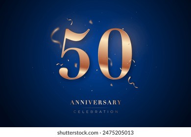 50st Anniversary celebration greeting card. Rose Gold metallic Number 50 with sparkling confetti on dark blue background. Design template for birthday or wedding party event decoration.