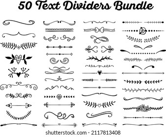 50Text dividers, Filigree, Hand drawn vector illustration, Borders and laurels, border for text vector abstract hand drawn design calligraphic separated set