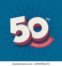 50th anniversary 3d typography logo with modern bold font and red ribbon icon. 50 years anniversary greeting card, poster, banner, template. Wedding anniversary badge. Company Birthday celebration.