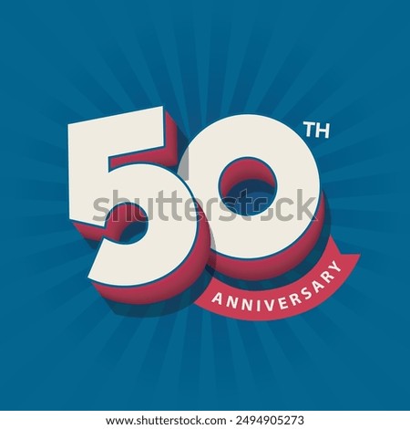 50th anniversary 3d typography logo with modern bold font and red ribbon icon. 50 years anniversary greeting card, poster, banner, template. Wedding anniversary badge. Company Birthday celebration.