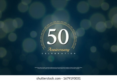 50th anniversary background with an illustration of white gold writing figures below there is a blur circle on the back.