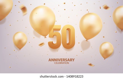 50th Anniversary celebration. 3D Golden numbers with confetti and balloons.