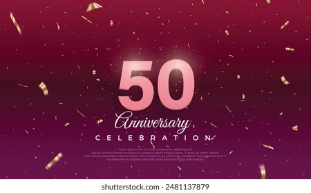 Celebración del 50 aniversario, celebración del 50 aniversario, fondo púrpura oscuro, ilustración festiva, signo 3d realista, estrellas, número rosa con cinta roja 50 confeti brillante, 50,51