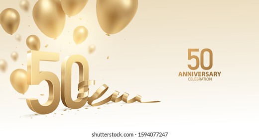 50th Anniversary celebration background. 3D Golden numbers with bent ribbon, confetti and balloons.