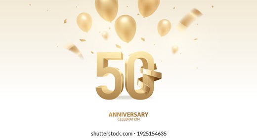 50th Anniversary celebration background. 3D Golden numbers with golden bent ribbon, confetti and balloons.
