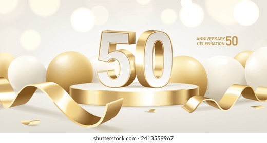 50th Anniversary celebration background. Golden 3D numbers on round podium with golden ribbons and balloons with bokeh lights in background.