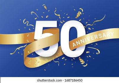 50th Anniversary celebration banner template. Big numbers with sparkles golden confetti and glitters ribbon. Festive event blue background. Realistic 3d style. Vector illustration.