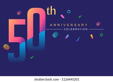 50th anniversary celebration with colorful design, modern style with ribbon and colorful confetti isolated on dark background, for birthday celebration