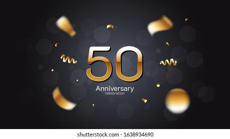50th anniversary celebration Gold numbers editable vector EPS 10 shadow and sparkling confetti with bokeh light black background. modern elegant design for wedding party or company event decoration