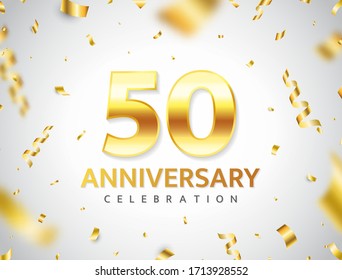 50th Anniversary celebration. Gold numbers with glitter confetti. Gold tinsel and serpentine. Festive background. Bright decoration for party event. 50 year jubilee celebration. Vector illustration.