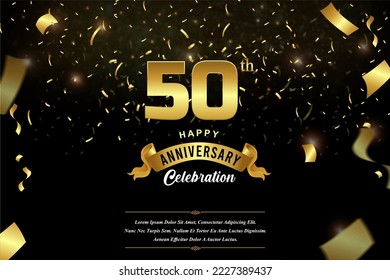50th anniversary celebration Gold numbers with dotted halftone, shadow and sparkling confetti. modern elegant design with black background. for wedding party event decoration.