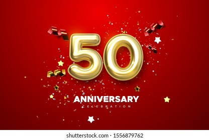 50th Anniversary Celebration. Golden Number 50 With Sparkling Confetti, Stars, Glitters And Streamer Ribbons. Vector Festive Illustration. Realistic 3d Sign. Birthday Or Wedding Party Event Decoration