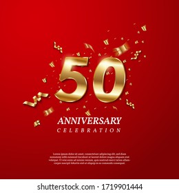 50th Anniversary celebration. Golden number 50 with sparkling confetti, stars, glitters and streamer ribbons on red background. Vector festive illustration. Birthday or wedding party event decoration