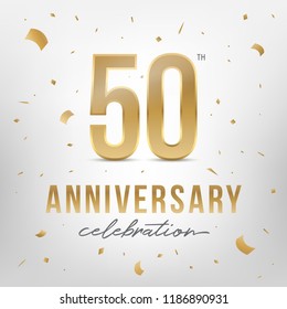 50th anniversary celebration golden template. Shiny gold numbers with confetti around. Vector illustration.