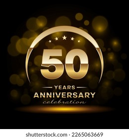 50th Anniversary Celebration. Logo design with golden ring and text for anniversary celebration event, invitation, wedding, greeting card, banner, poster, flyer, brochure. Logo Vector Template