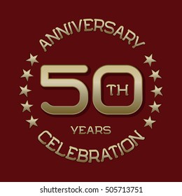 50th anniversary celebration logo symbol. Golden circular editable emblem on red.